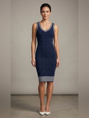 Revolve | John + Jenn Navy Blue Striped Knit Bodycon Midi Dress - Size S